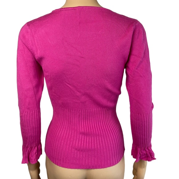 Nicole Miller Womens Ribbed Pullover Sweater Fuschia Pink Ruffled Cuffs. New - Picture 3 of 9